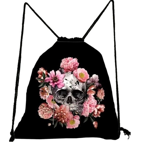 Sugar skull with flowers drawstring backpack day of the dead - Picture 1 of 3